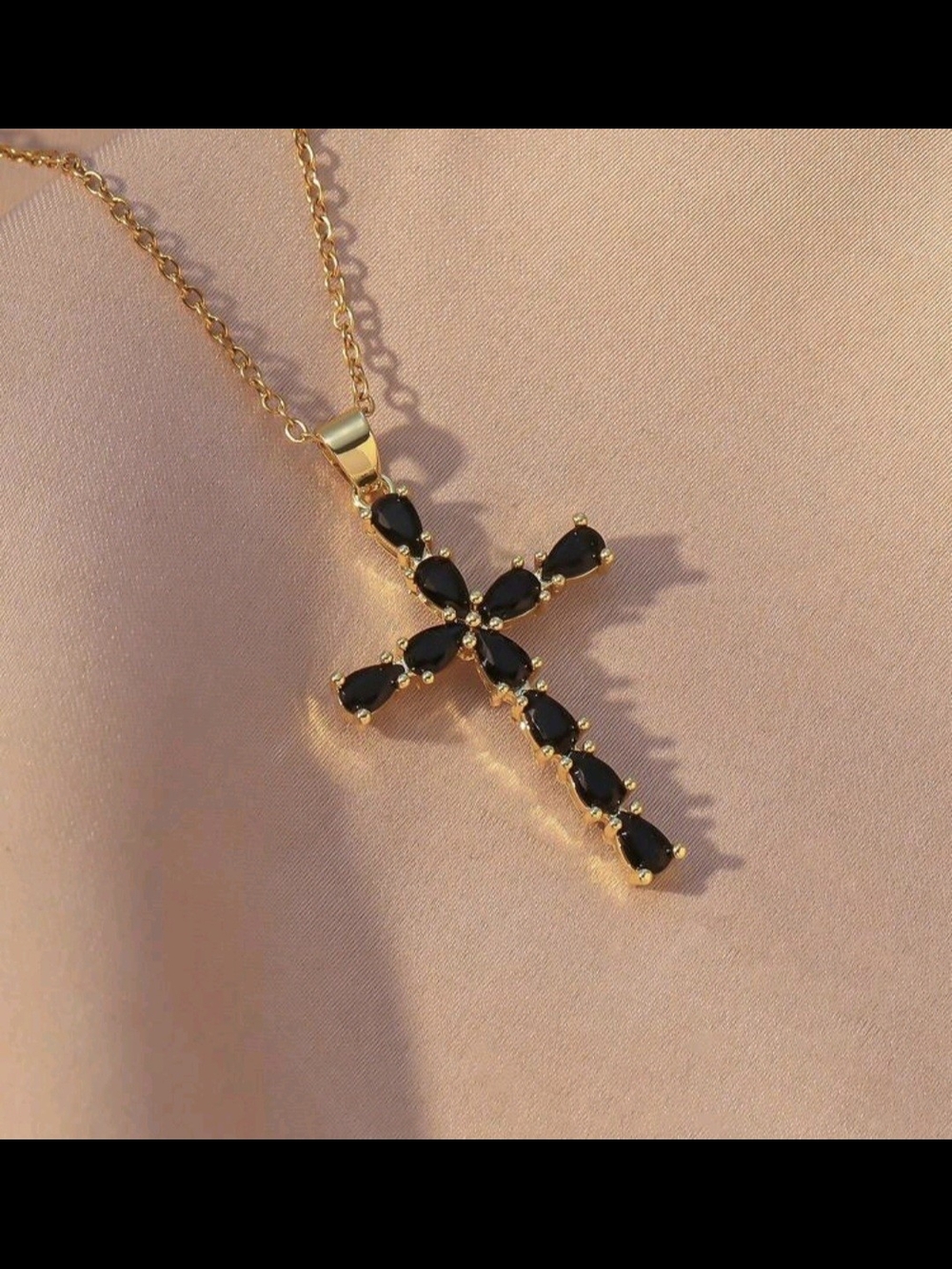 ✝️✝️NEW✝️✝️ PRETTY!! Stainless Steel BLACK CZ Cross Necklace In GOLD